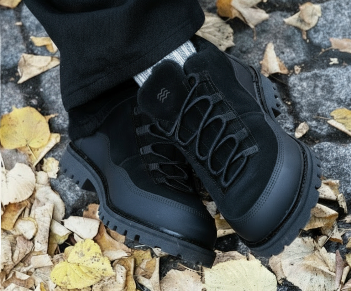 Produktbilde av svarte støvler med høstløv - kvadratisk crop