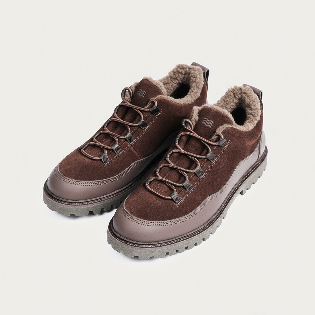 Brown boot pair view - flat on floor